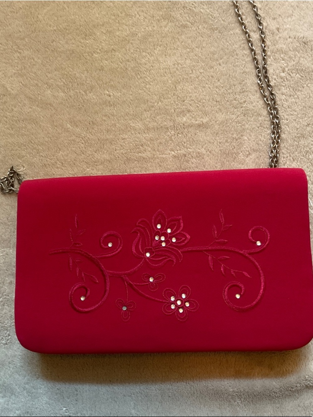 Red Embroidered Evening Clutch with Chain Strap
